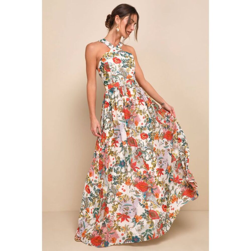 Lulu's White Floral Halter Maxi Dress with Coral and Green Accents